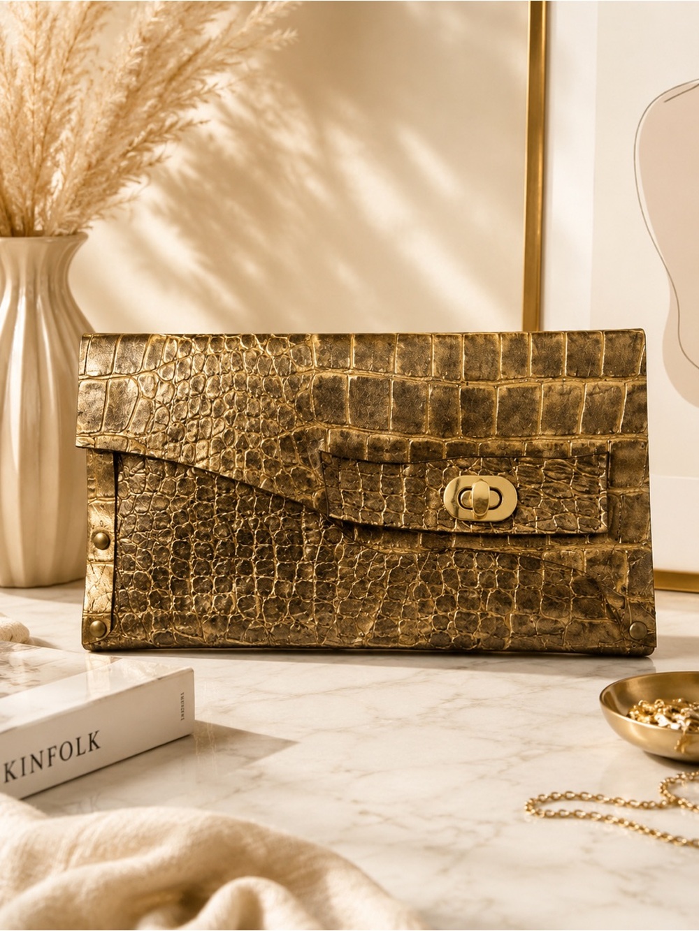Brenda Geige metallic gold croc embossed leather clutch